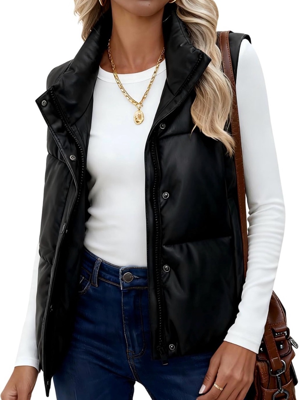 Women's Black Quilted Puffer Vest with Stand Collar